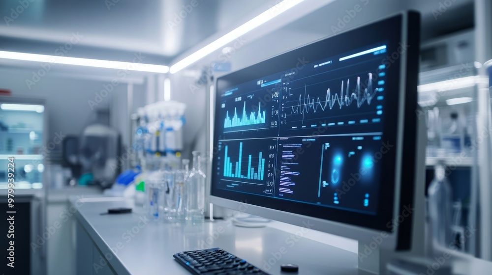Fototapete A computer monitor with various data visualization in form of graphs and charts sit on a white countertop in a laboratory setting.
