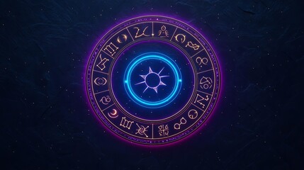 Obraz premium Celestial alignment of all zodiac signs in a cosmic circle, glowing against a starry background, astrology concept