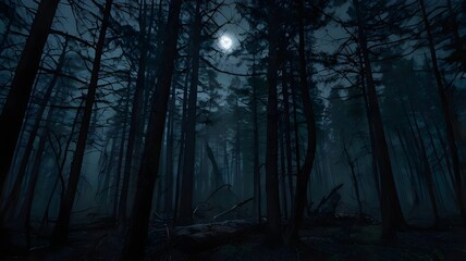Naklejka premium Dark spooky forest at night, shrouded in fog, filled with tall trees and a menacing atmosphere