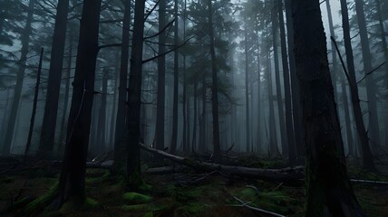 Obraz premium Dark spooky forest at night, dense with fog, featuring tall trees and a frightening atmosphere