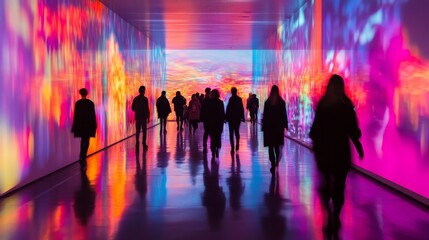 A diverse group of people strolls through a gallery, immersed in a lively digital art installation. Colorful projections create a captivating ambiance as visitors engage with the artwork