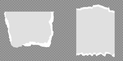 White realistic torn or ripped paper strip collection with grunge edges. Torn notebook page or scrap note with damaged border. Sticky newspaper clip art with paint brush stroke texture. Ripped banner.