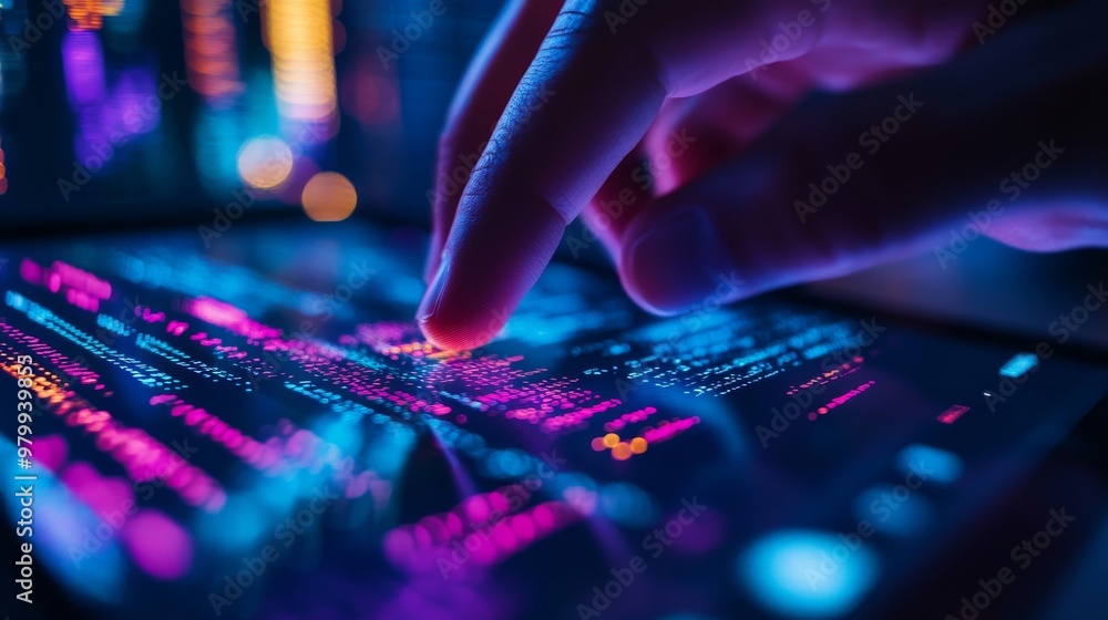 Poster a hand taps on a tablet screen filled with colorful lines of code, showcasing the blend of technolog