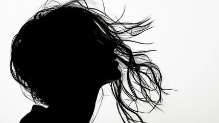 A striking silhouette of a woman exhibits dynamic hair movement in a high-contrast setting, set against a pure white background, symbolizing freedom and expression