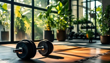 Inspiring home gym featuring heavy dumbbells, expansive windows, and greenery for a focused fitness atmosphere