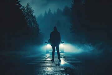 Obraz premium Mysterious man on dark mountain road standing by car headlights in a forest at night