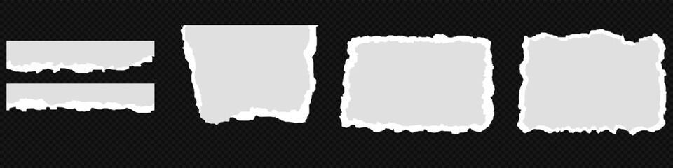 White realistic torn or ripped paper strip collection with grunge edges. Torn notebook page or scrap note with damaged border. Sticky newspaper clip art with paint brush stroke texture. Ripped banner.