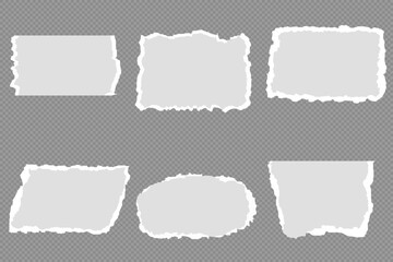 White realistic torn or ripped paper strip collection with grunge edges. Torn notebook page or scrap note with damaged border. Sticky newspaper clip art with paint brush stroke texture. Ripped banner.