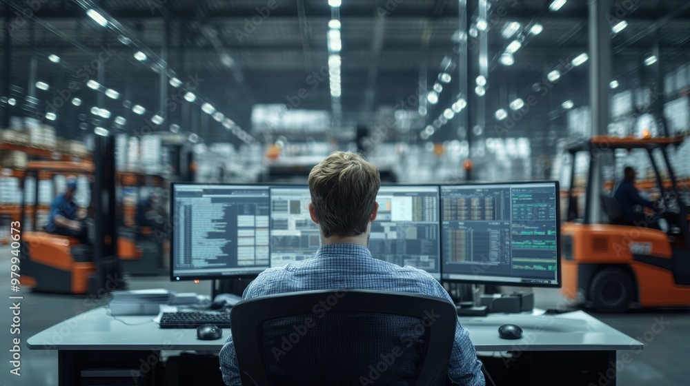 Poster a logistics manager is focused on multiple computer screens while monitoring operations in a bustlin
