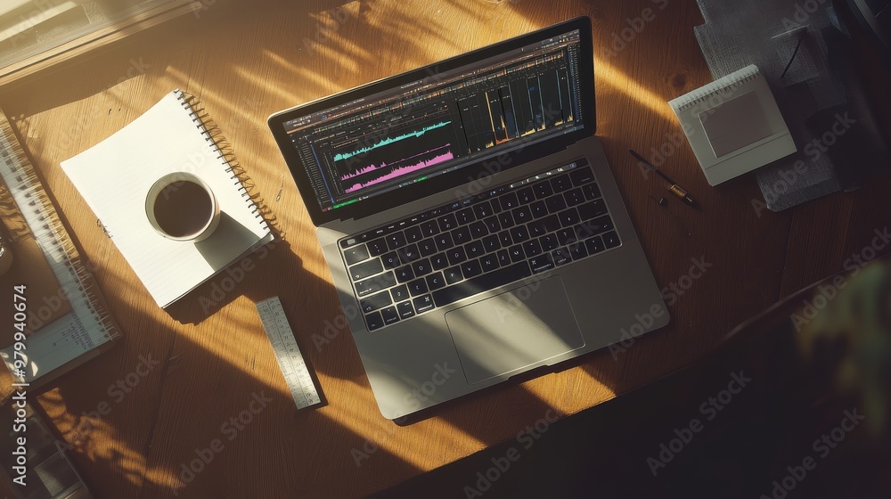 Poster this setup showcases a laptop with audio editing software open, surrounded by stationery and a coffe