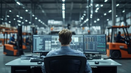 A logistics manager is focused on multiple computer screens while monitoring operations in a bustling warehouse filled with activity