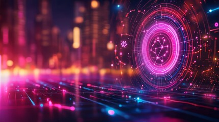 Obraz premium Digital constellations, neon zodiac symbols, futuristic cityscape backdrop