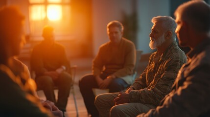 A group of veterans sits in a circle, sharing their experiences during a therapy session as warm sunlight filters through the window, creating a supportive atmosphere