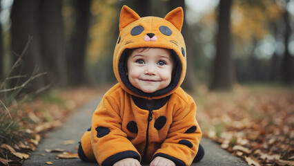 A little boy in a cat costume in an autumn city park.