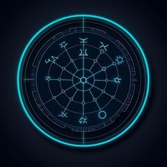 Digital horoscope, neon zodiac wheel, cyber astrology interface, dark background