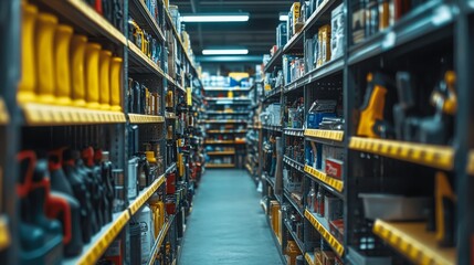 A neatly organized aisle showcases a variety of industrial tools in a hardware store, illuminated by soft lighting that enhances the shopping experience