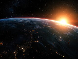 A digital rendering of Earth with glowing city lights and a bright sunrise on the horizon