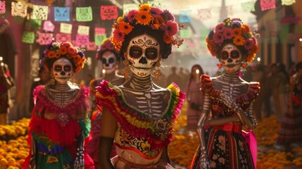 Fototapeta premium Vibrant day of the dead celebration with colorful traditional attire and skeleton makeup