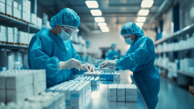 In a well-lit pharmaceutical facility, two workers in full protective gear are meticulously placing medication into packaging, ensuring safety and accuracy