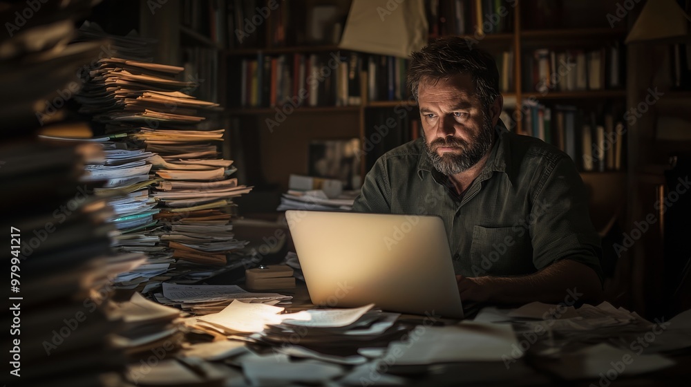 Poster a journalist focuses intently, typing on a laptop while surrounded by piles of papers and files in a