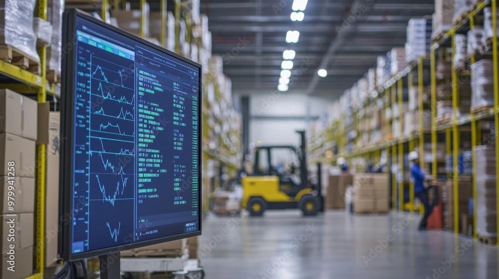 Poster a large flat screen displays real-time inventory data in a busy high-tech distribution center, ensur