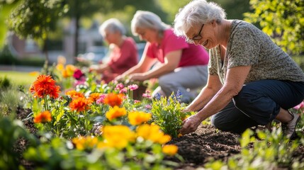 Fototapeta premium A group of seniors is actively planting a variety of colorful flowers in a community garden, enjoying the sunny weather and camaraderie among them