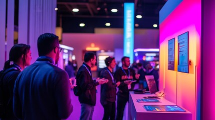 Attendees at a tech conference gather around a brightly lit booth, discussing products enthusiastically while exploring interactive displays and resources