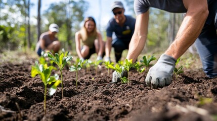 A group of dedicated volunteers works in unison to plant small saplings in rich, dark soil as part of an environmental restoration initiative in a deforested region