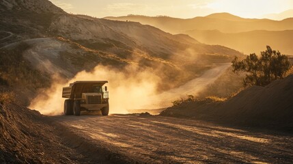 A dump truck maneuvers down a dusty dirt road at a construction site as the sun sets, creating a golden glow and stirring up clouds of dust around it