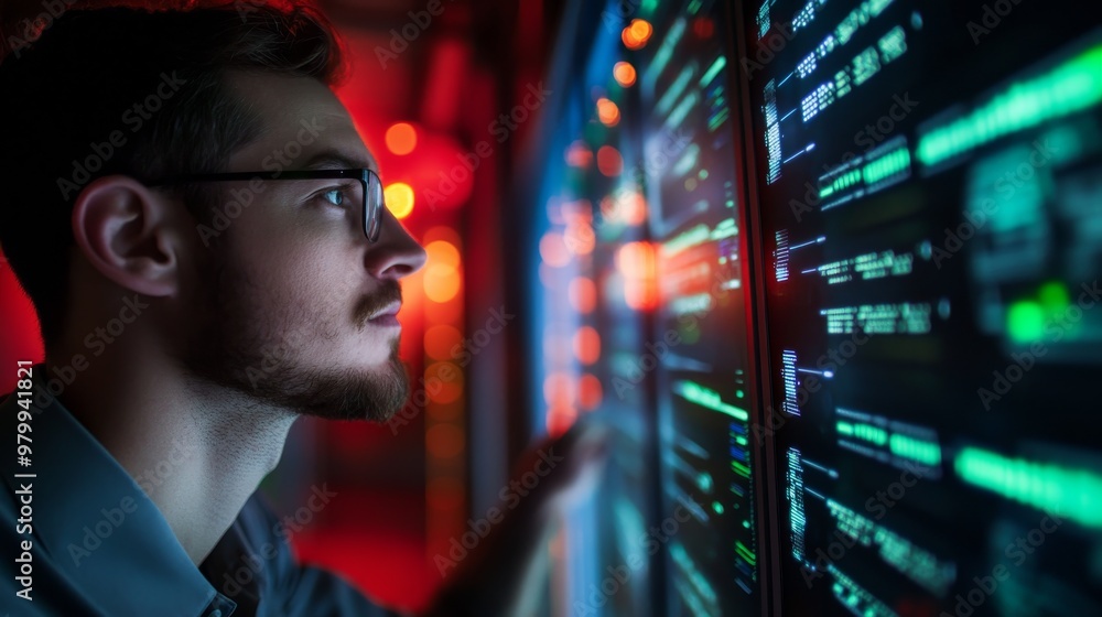 Poster a technician in a dimly lit server room focuses intently on multiple screens that display real-time 