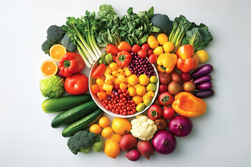 Auswahl an gesunden Lebensmittel für eine ausgewogene Ernährung, Superfood Lebensmittel für die Gesundheit, vegetarische Ernährung mit Gemüse, Obst, und Nüssen