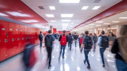 Students crowd the bustling high school hallway during a class change, moving quickly with backpacks as vibrant lockers line the walls