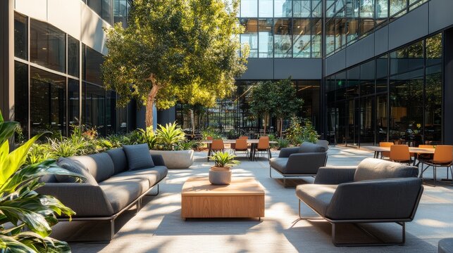 This inviting outdoor gathering area boasts sleek couches and tables surrounded by lush greenery, providing a perfect setting for meetings under the open sky