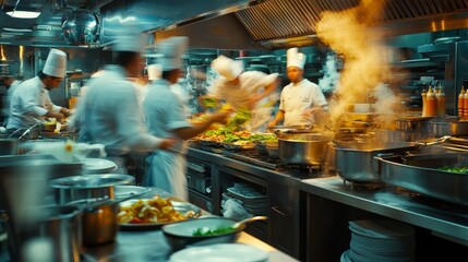 In a vibrant restaurant kitchen, multiple chefs efficiently chop ingredients and prepare various dishes while steam rises from pots on the stove