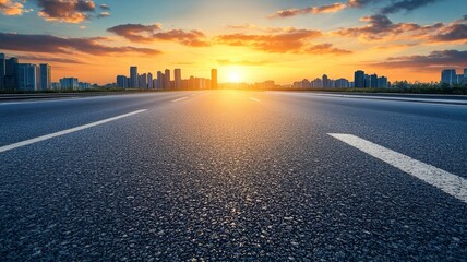 Asphalt highway road and city skyline with modern buildings at sunset. car background. generative ai