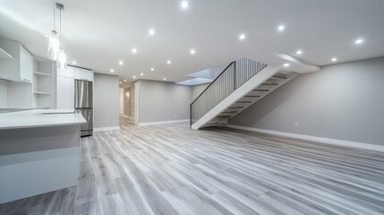 This newly renovated basement showcases a spacious layout with sleek light grey flooring and abundant natural light, perfect for versatile living and entertaining