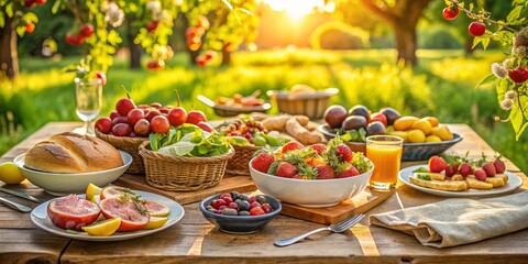 Fototapeta premium A Rustic Summer Picnic Table with Fresh Fruits, Bread and Juice, Sunlit Orchard Background, Food Photography, Summer Feast, Outdoor Dining , picnic