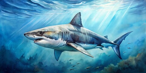 Fototapeta premium Beneath the Surface Watercolor Great White Shark in Blue Depths, Watercolor, Underwater, Great White Shark, Shark, Ocean