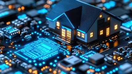 Obraz premium A small house with glowing lights set atop a vibrant circuit board, showcasing innovation in smart home technology