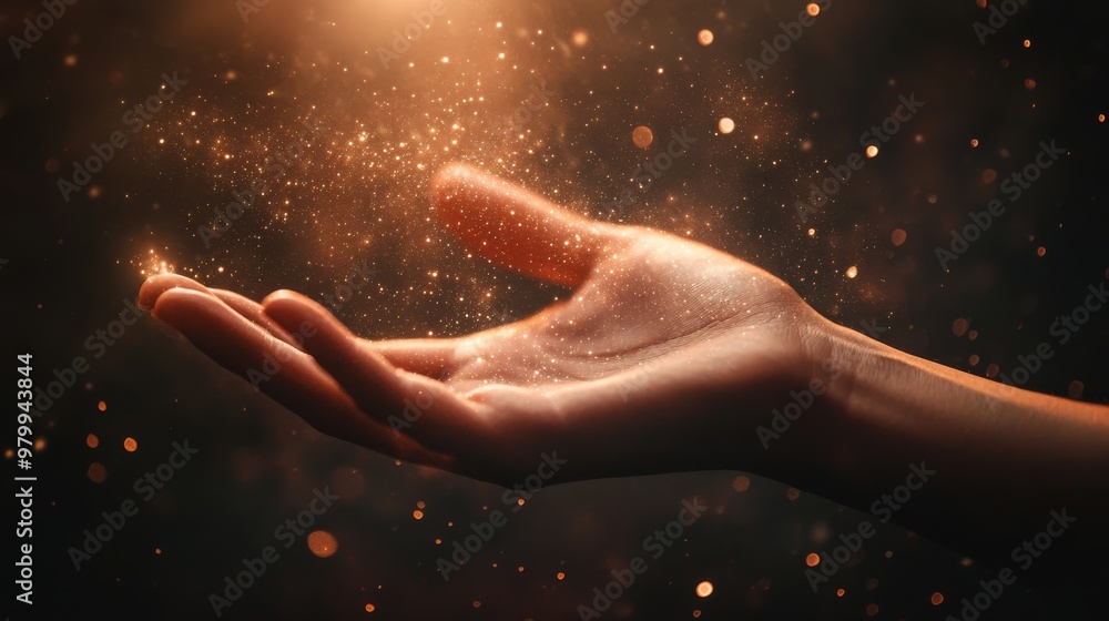 Poster a hand with fingers slightly spread out is illuminated by a warm glow, surrounded by shimmering part