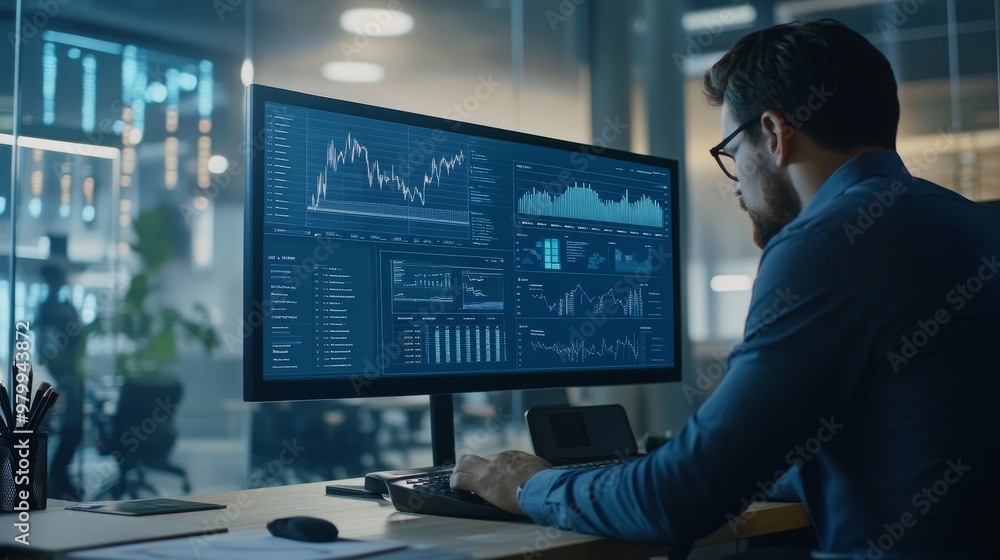 Poster a manager focuses on performance metrics on a large screen at a desk. the atmosphere is energetic, w