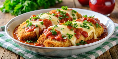Close-up of Chicken Parmigiana with Melted Cheese and Tomato Sauce, Chicken Parmesan, Italian Food, Parmigiana Recipe