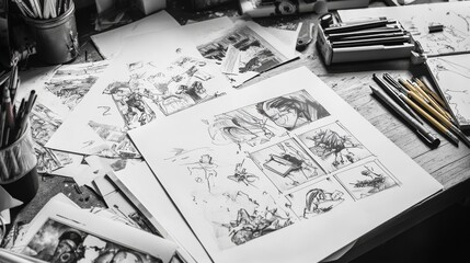 A cluttered desk displays a comic book in progress, surrounded by half-finished pencil sketches, art supplies, and creative chaos, showcasing an artistic work environment