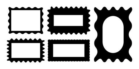 Obraz premium Set of frames for textbox. Speech bubbles. Geometric shape in black. Starburst. Label, seal, button, sticker, tag. Abstract icon. Collection with figures with wave and zigzags. Retro torn collage edge