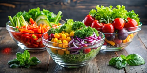Colorful Salad with Broccoli, Yellow Tomatoes and Red Onion, Glass Bowls, Wooden Background, Healthy Eating, Vegetable Salad, Food Photography