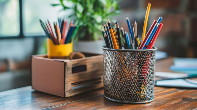 A basket holds pens and pencils, next to a box for office supplies and a metal organizer with slots.