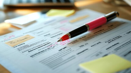 An editor is reviewing a printed manuscript, marking corrections with a red pen while using sticky notes for feedback. The workspace has a focused, organized appearance