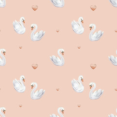 Watercolor seamless pattern with couple of cute swans in love. Hand painted illustration isolated on pink background. For textile of white pastel colors bird and red hearts.
