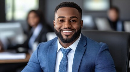 Fototapeta premium A confident man smiles at a conference table, engaging in discussions with colleagues in a modern office