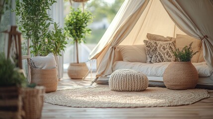 A cozy indoor tent with plush cushions and plants creates a peaceful relaxation spot in the living room